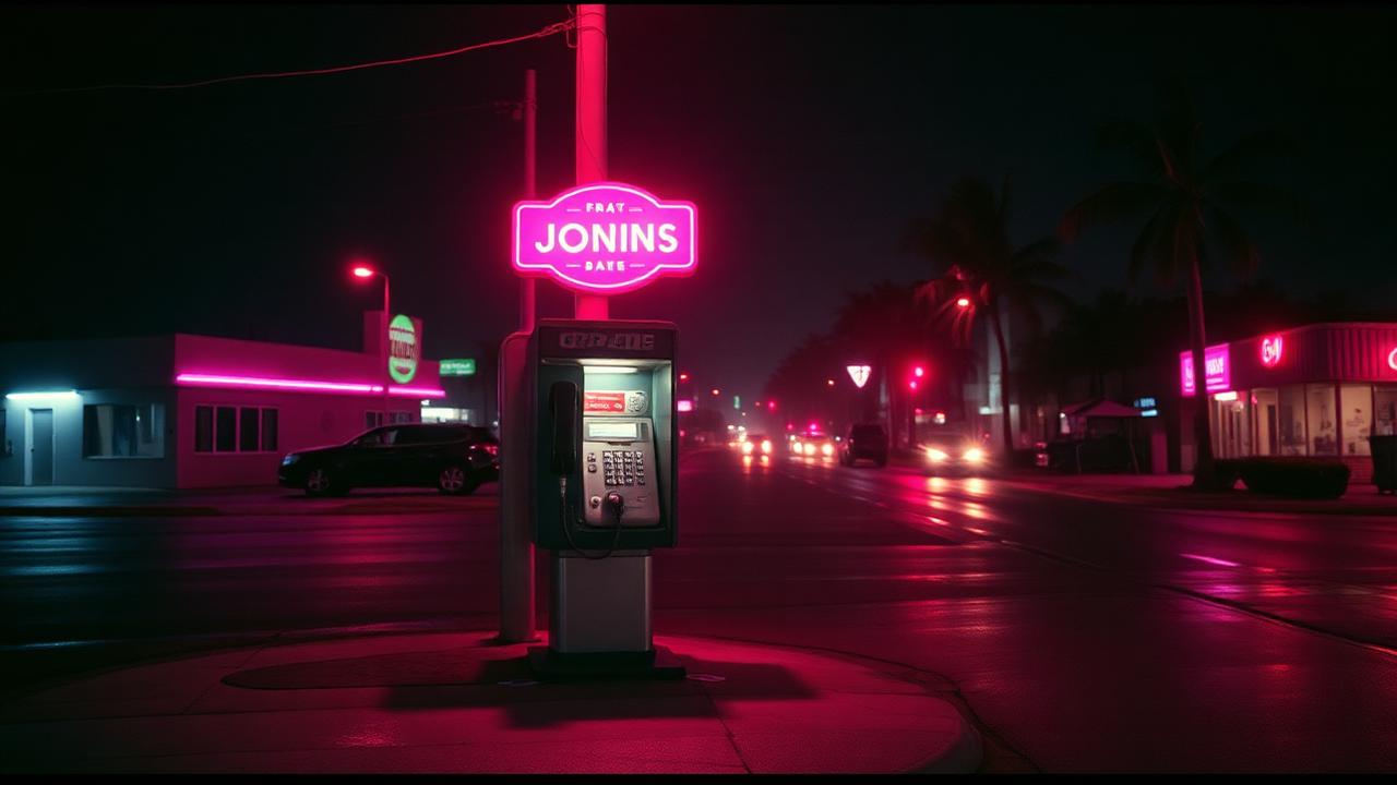 A lone payphone glowing under neon on a wet street at night